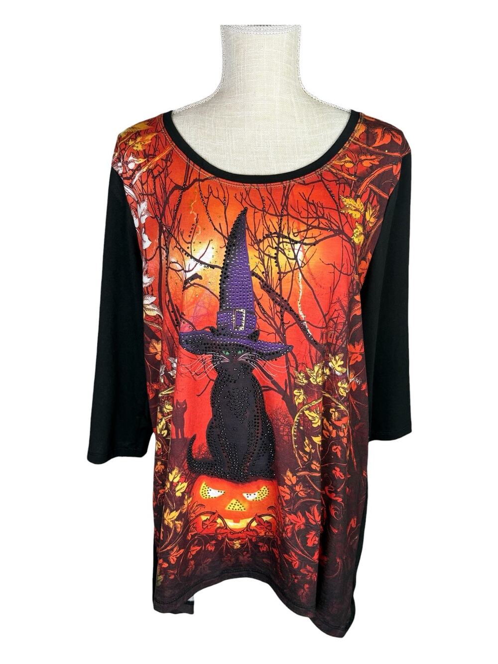 Halloween Graphic 3/4 Sleeve Bejeweled Top Women's XL Black Cat Rhinestones Goth